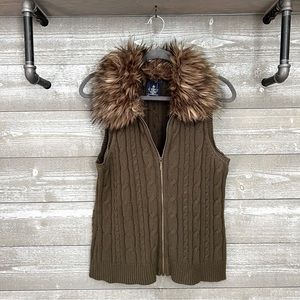 Chaps | Faux Fur Collared Cable Knit Sweater Zipper Vest Olive Green Size Medium